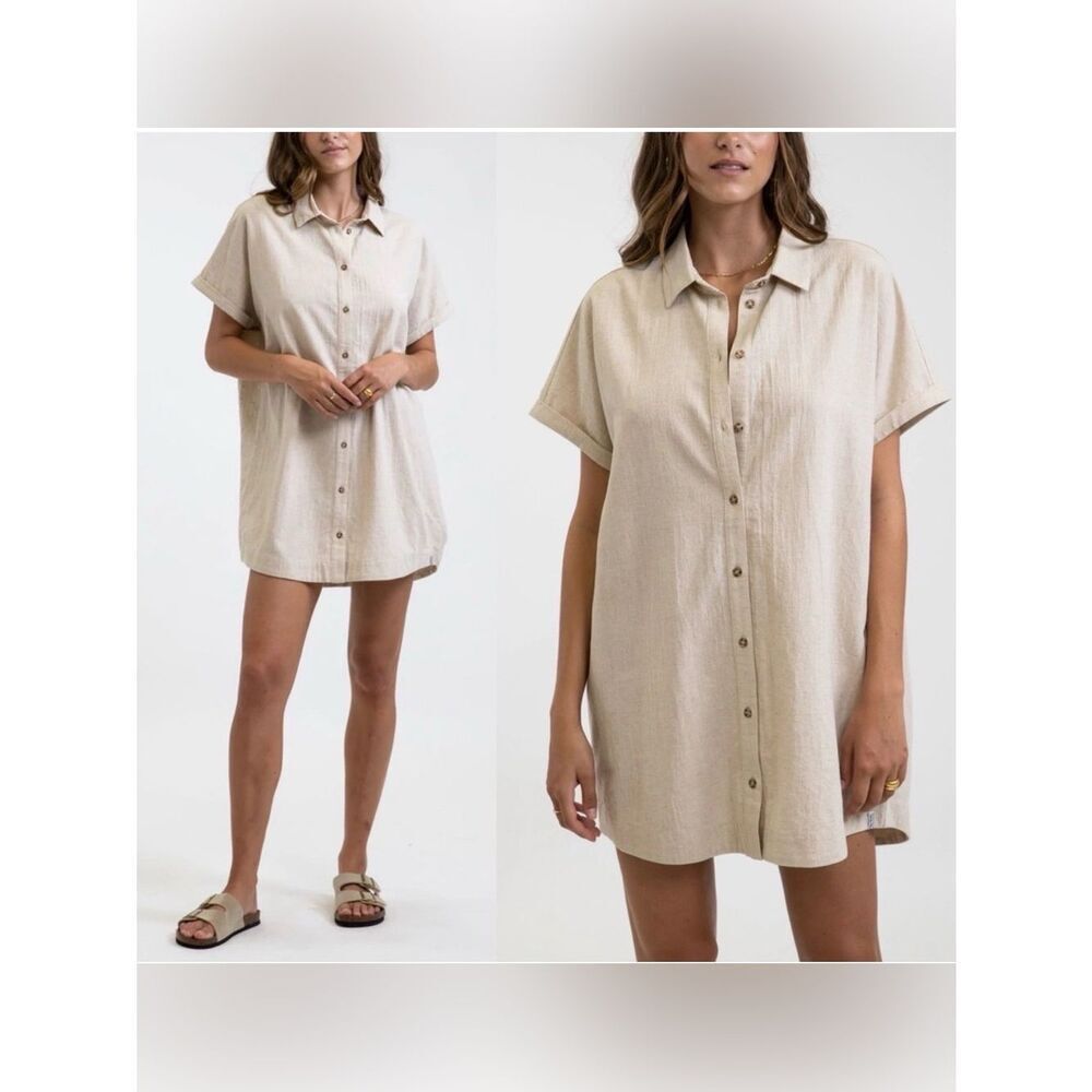 Rhythm Classic Linen Shirt Dress in Sand size Small